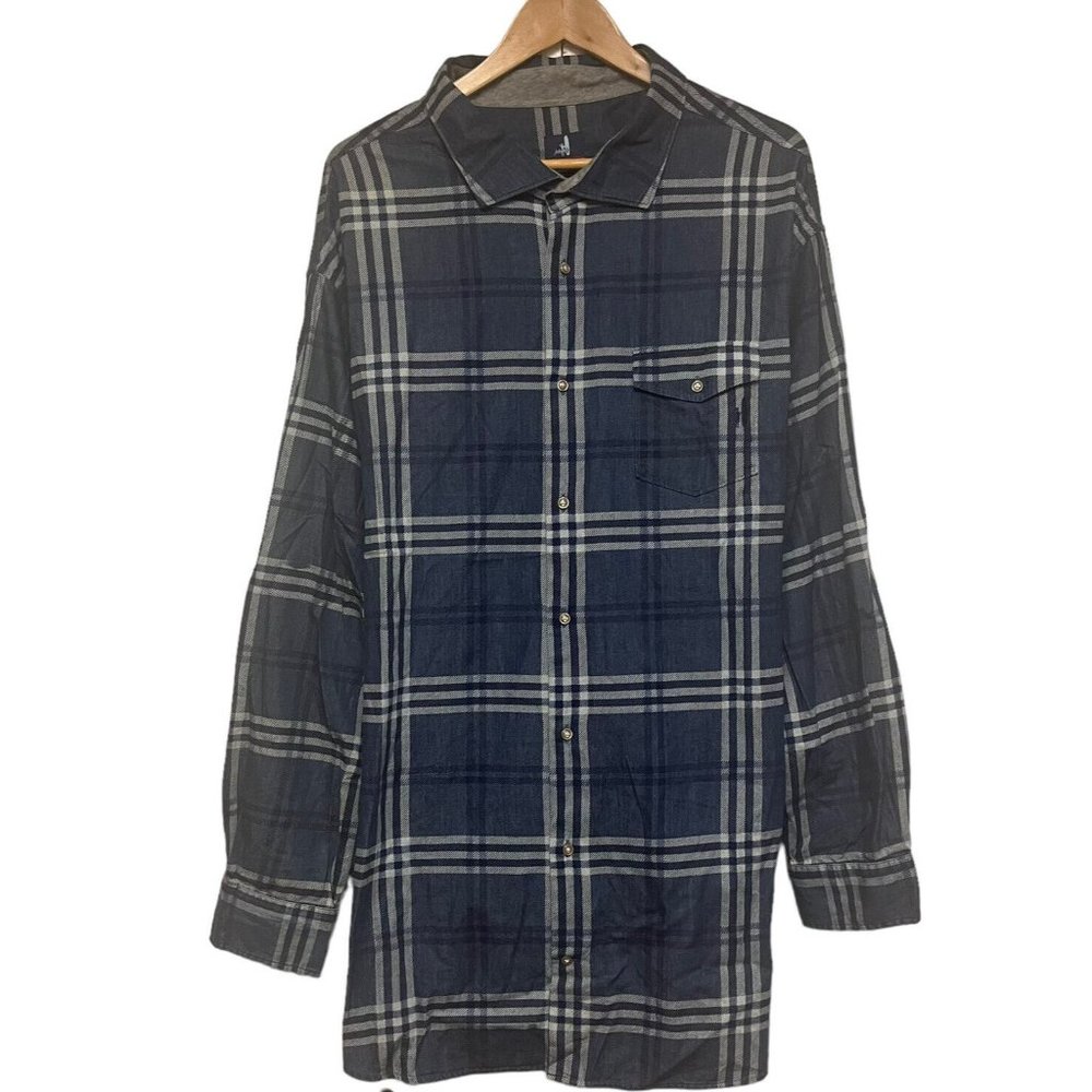 Johnnie-O Men's Button Front Flannel Shirt Navy Blue Plaid Pocket Cotton 3XL guc